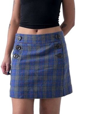 GAP Wool Blue Plaid Tartan Mini Skirt with Buttons